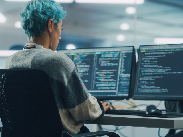 A person sitting looking at two computer screens showing lines of code 