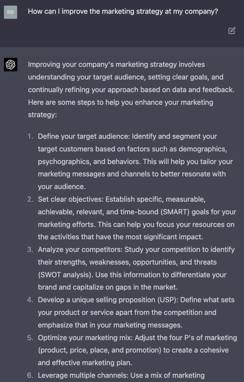 Screenshot of ChatGPT-4 answering a question about marketing strategy
