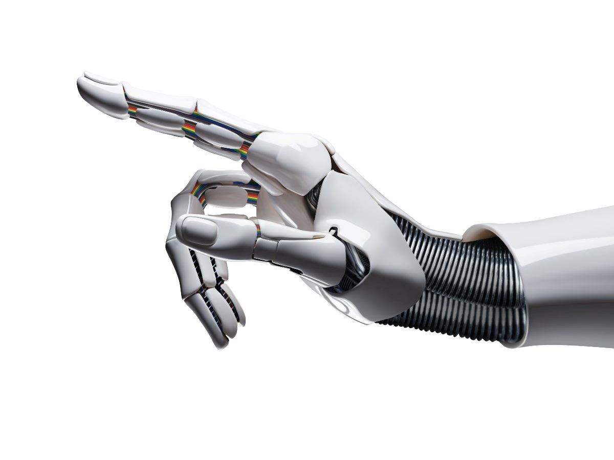 White cyborg robotic hand pointing his finger