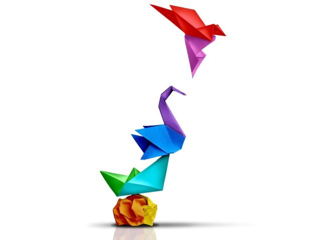 Paper origmai transitioning from crushed paper to beautiful bird - improvement concept