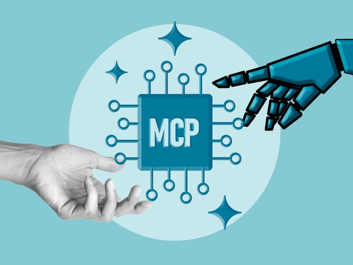 A human hand and robot hand reaching toward a stylized square with "mcp" in the middle
