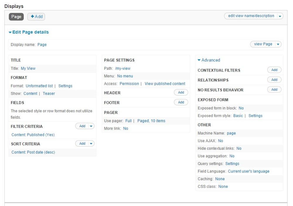 A screenshot of the Drupal Views module configuration page, showing the complex interface used to define how content is queried and displayed. The UI includes panels for title, format, fields, filter criteria, sort criteria, page settings and advanced options, illustrating how users construct repeatable content retrieval functions.