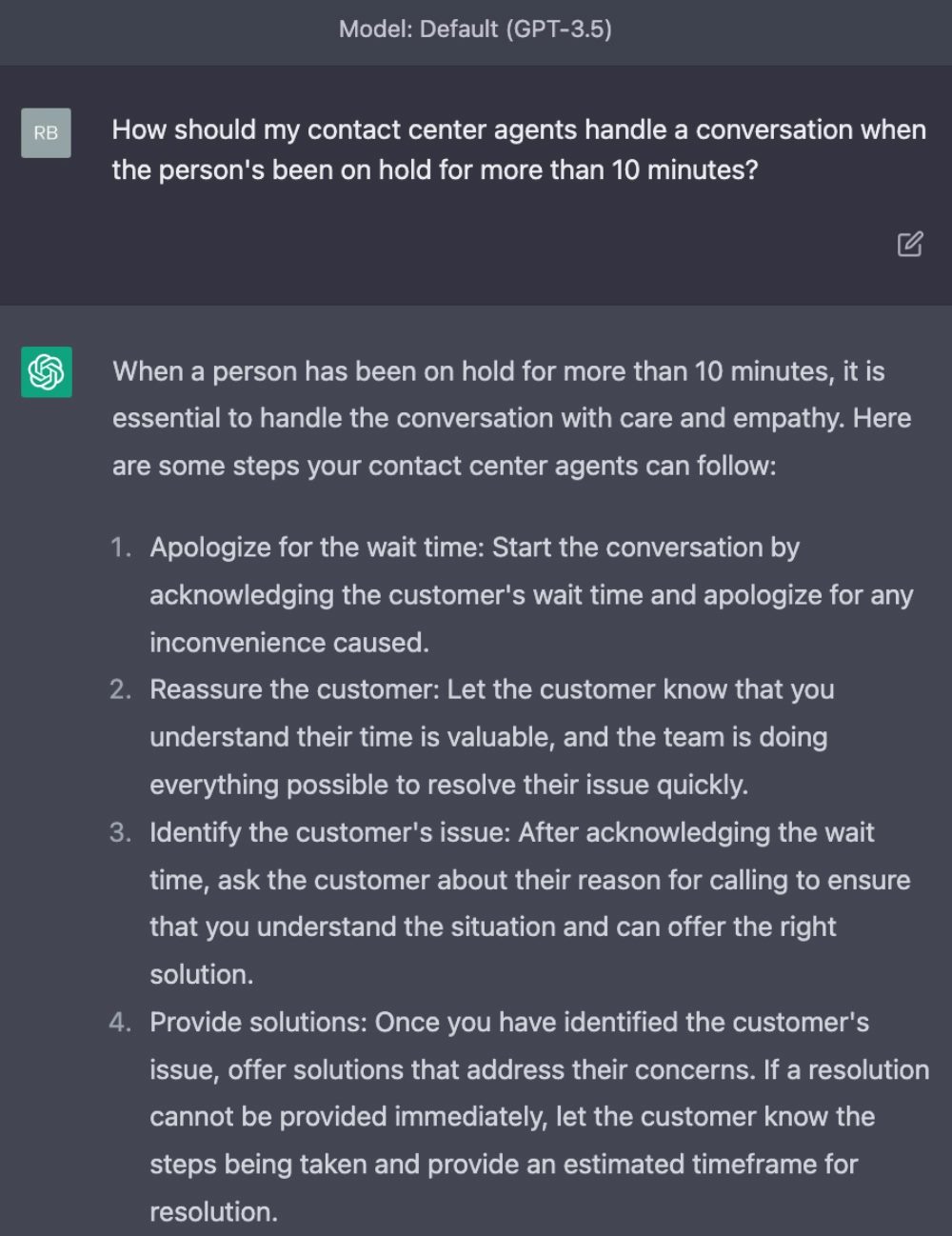 Screenshot of ChatGPT-3.5 answering a question about customer loyalty.