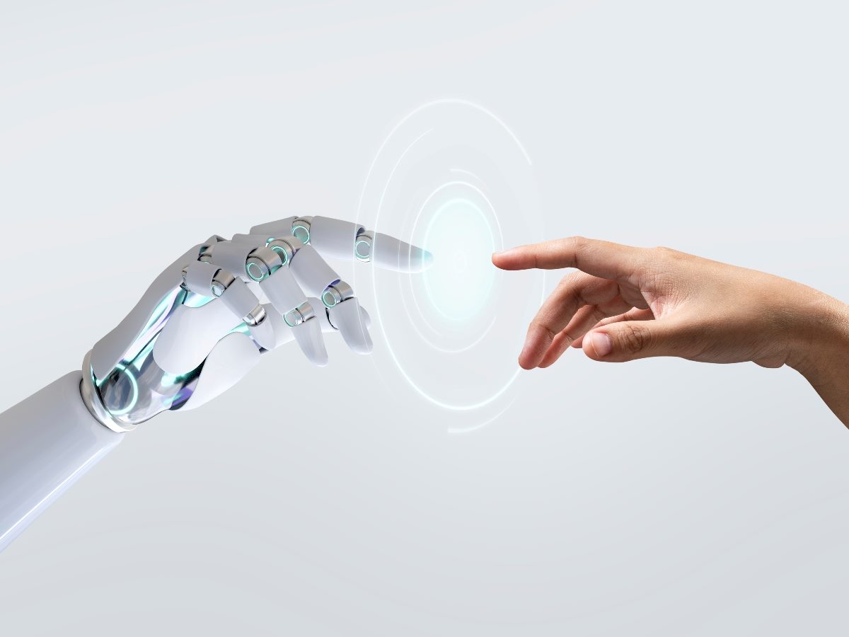 Technology meets humanity background, modern remake of The Creation of Adam 