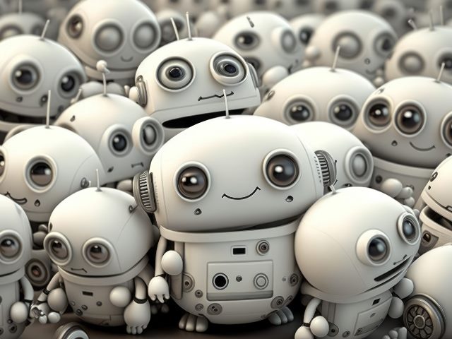 Big crowd of cute, smiling chatbots of different sizes piled together. 