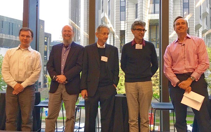 Geoffrey Hinton (center) along with Russ Salakhutdinov, Rich Sutton, Yoshua Bengio and Steve Jurvetson as part of a panel on deep learning.
