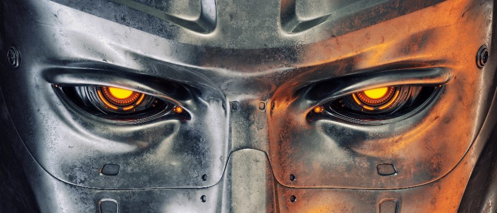 A steel-faced sci-fi cyborg with yellow eyes suggesting misunderstandings of AI in customer experience.