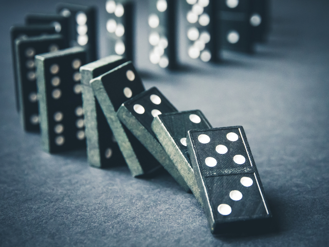 A row of toppling dominos