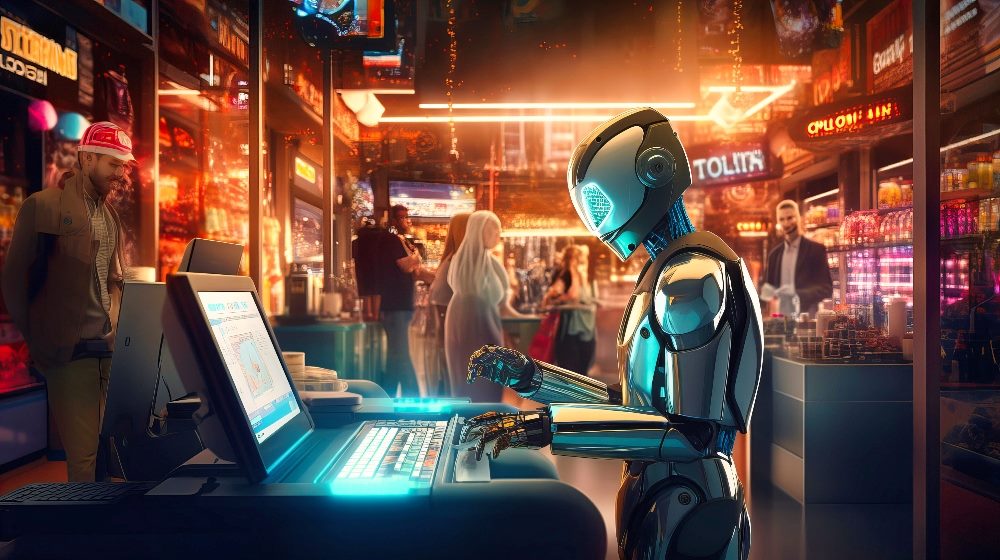 A robot works in customer service inside a retail store with customers in the background in piece about AI in customers experience in 2024.