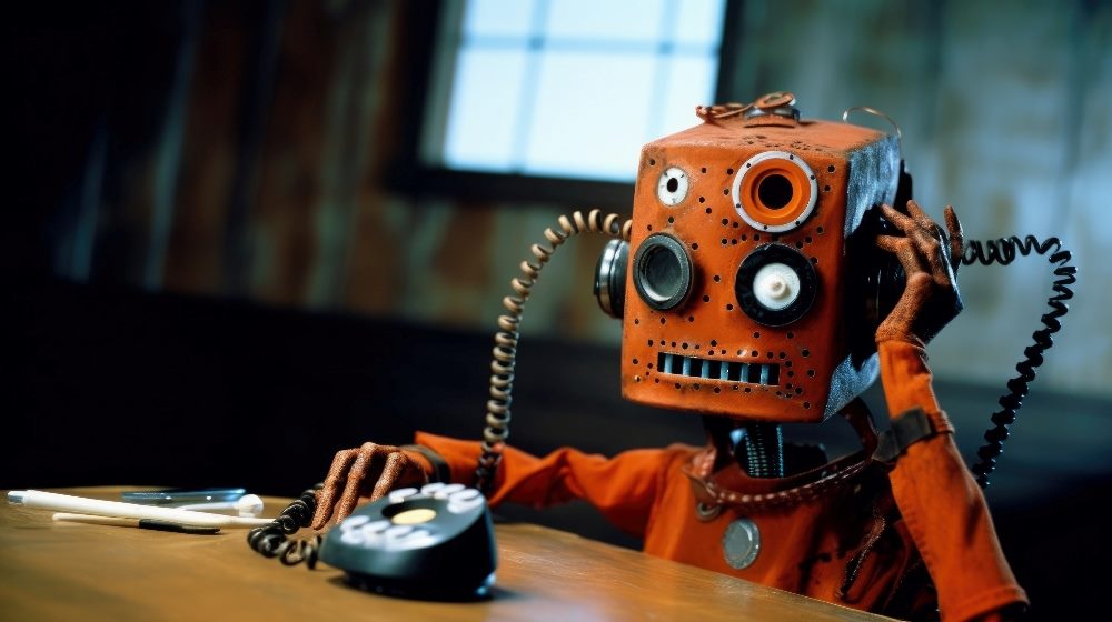 An orange and bizarre looking robot talks on what appears to be a land line with a long cord suggesting fears about AI in customers service and job loss.
