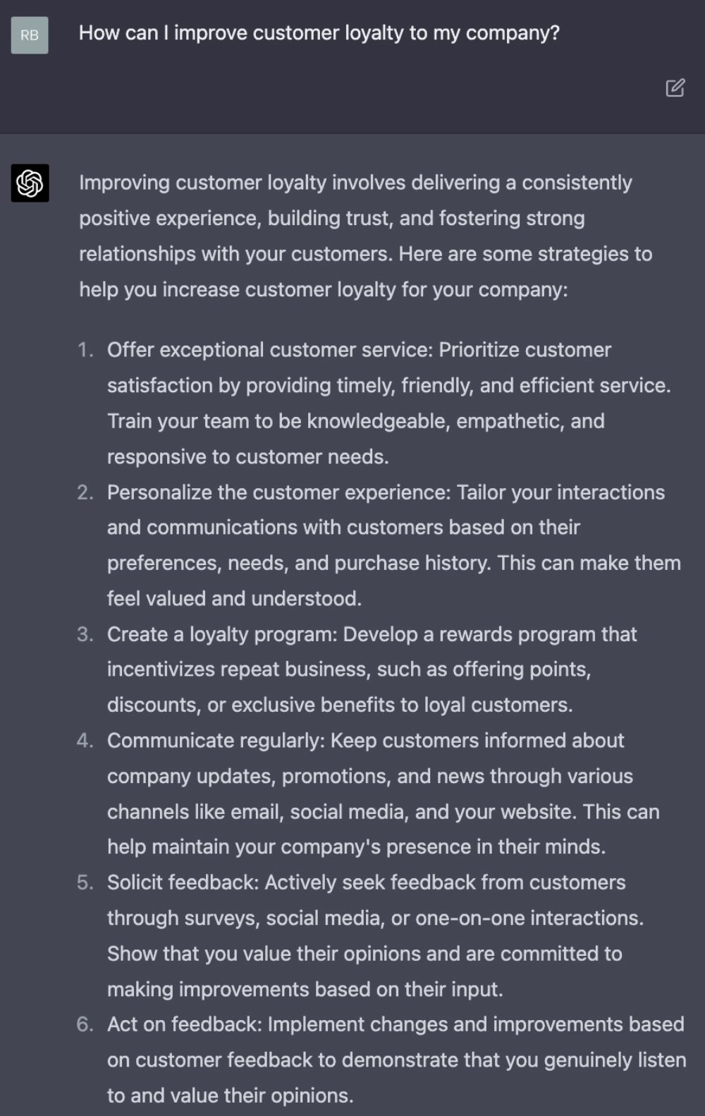 Screenshot of ChatGPT-4 answer to customer loyalty question.