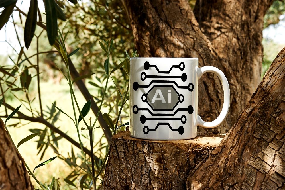 A personalized mug with the letters aI sits on the trunk of an olive tree with fronds in the background, suggesting the importance of personalization in marketing.