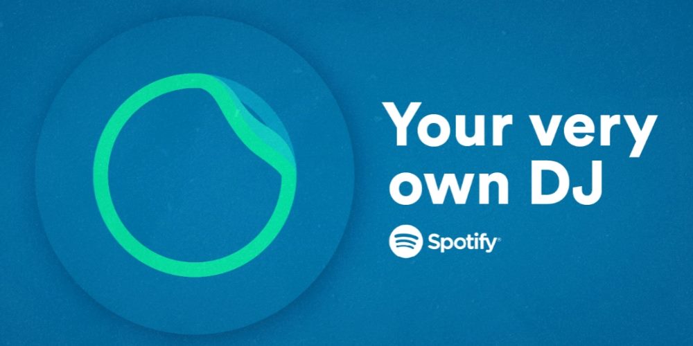 Spotify promotional graphic featuring the AI DJ’s circular green and blue waveform icon on a blue background beside the text “Your very own DJ” and the Spotify logo.