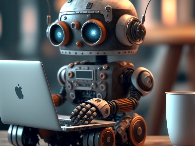 A robot with blue-light eyes sits at a laptop typing with a cup of coffee on the right and blurred lights in the background.