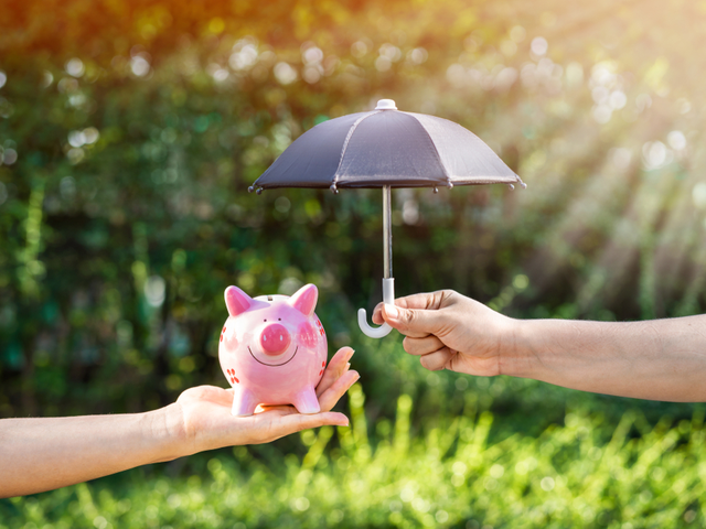 A woman's hand holds a piggy bank and open the black umbrella for protect - future-proof