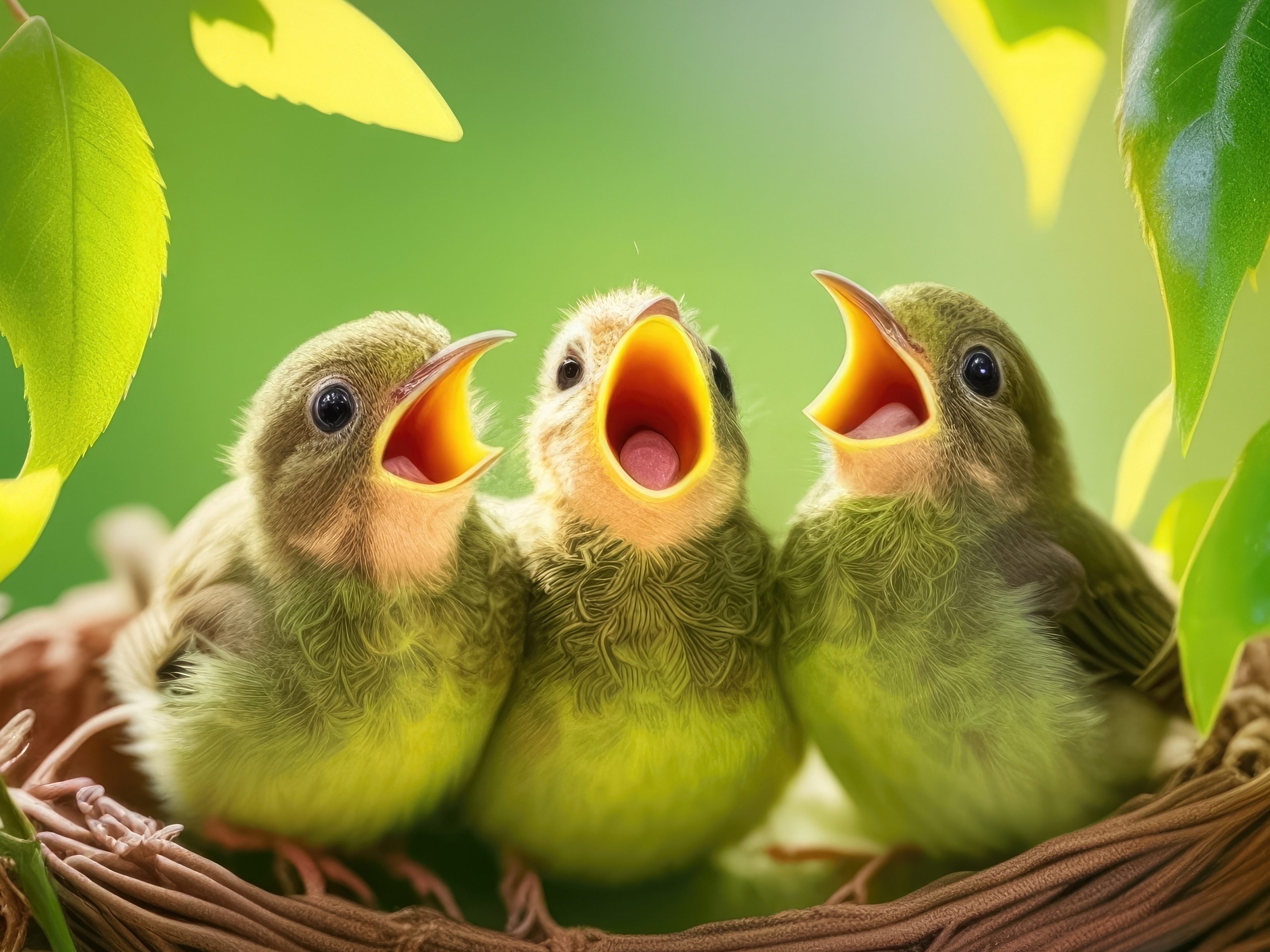 Green aby birds with wide open yellow beaks singing in their nest, indicating the importance of voice of the customer analysis.