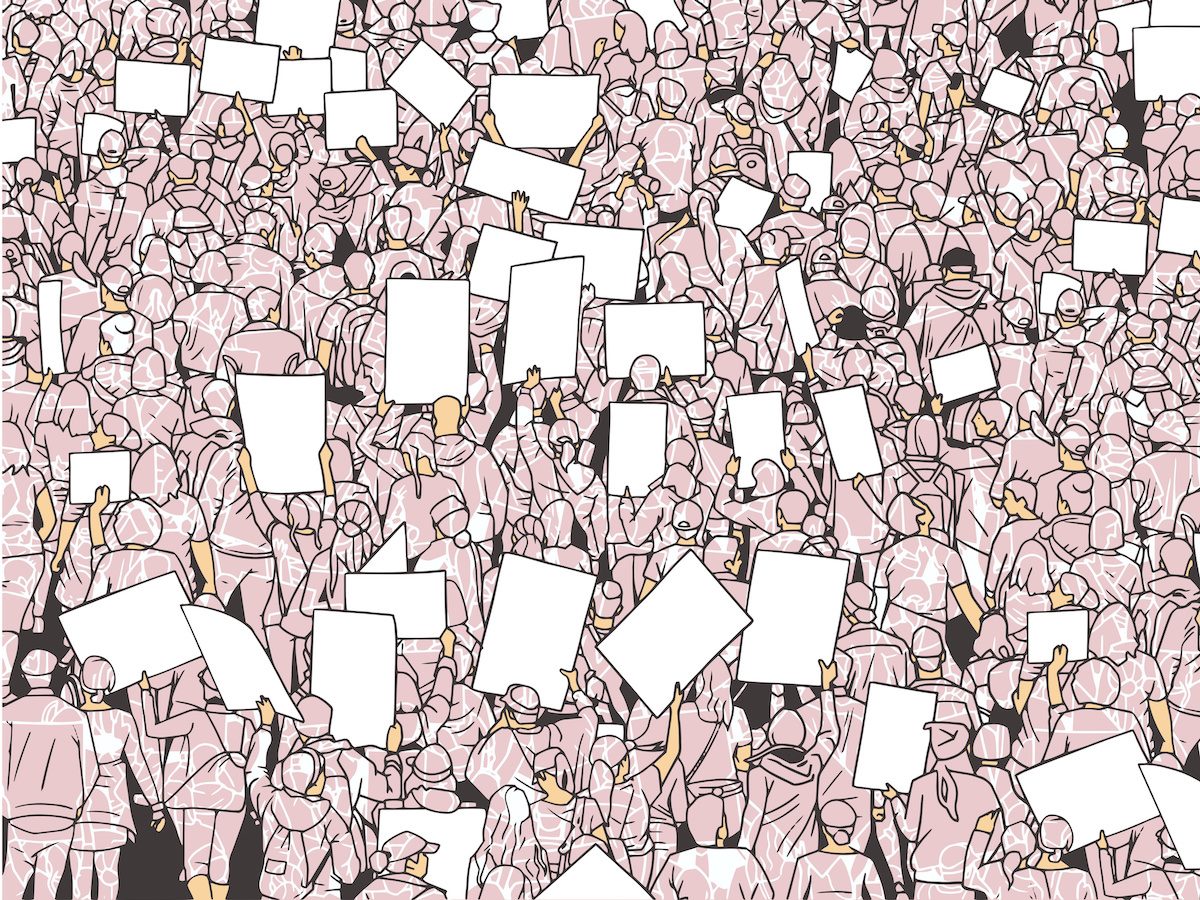 Illustration of massive crowd protest with blank signs