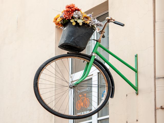 art piece: half of a bicycle coming out of a building's wall