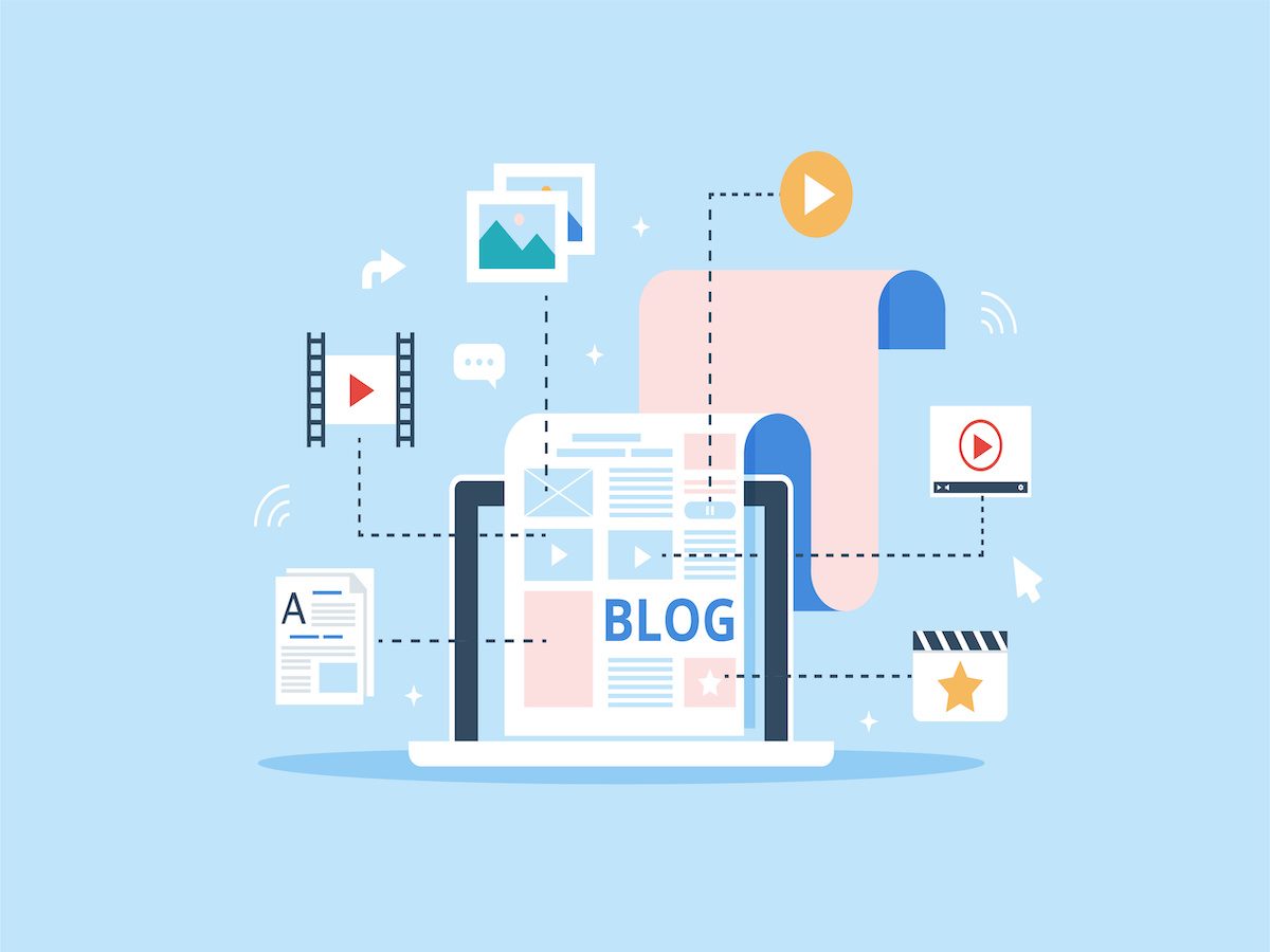 An illustration of different types of digital media, including blogs, documents, videos, movies and more. 