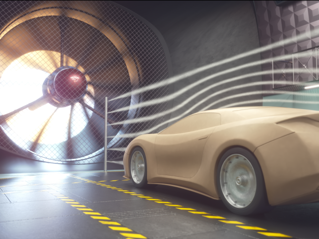 Air tunnel testing a new car design - streamlining concept