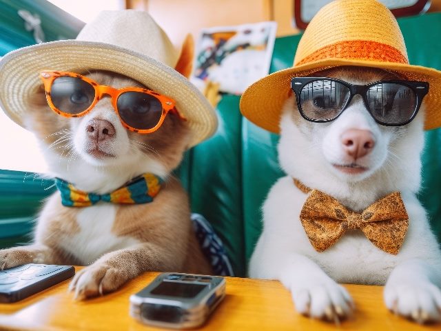 Two dogs wearing sun hats and sunglasses sit in an green train seat with their paws on a wooden tray and their smart phones in front of them, suggesting CX lessons from around the world.