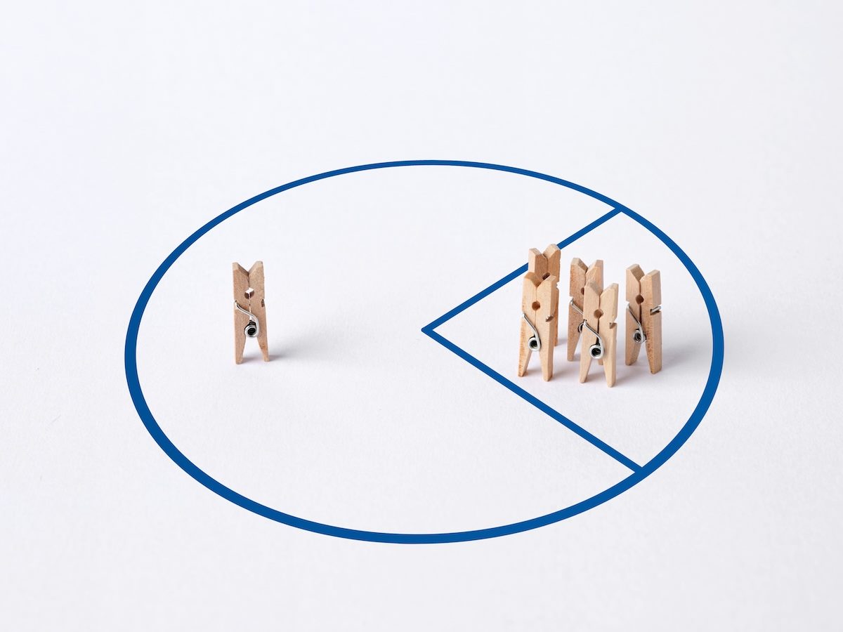 unequal distribution visualized with a group of clothespins in a small part of a circle and a solitary clothespin in the largest part