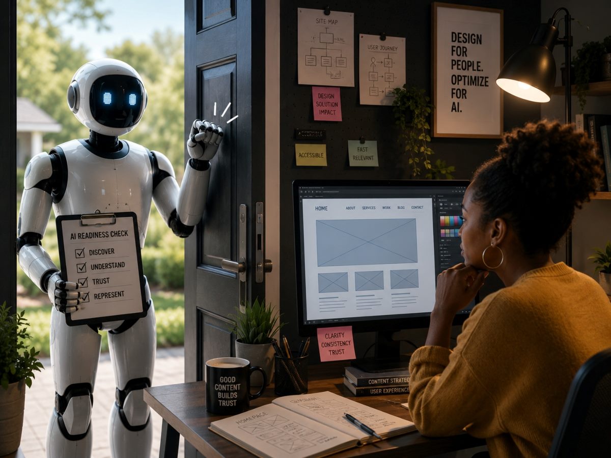 In an image generated by AI, a humanoid robot stands at the open doorway of a home office holding an “AI Readiness Check” clipboard while a Black woman web designer reviews a website layout on her computer. The workspace includes wireframes, notes and design materials, visually representing AI systems evaluating whether a website is prepared for AI discovery, interpretation and trust.