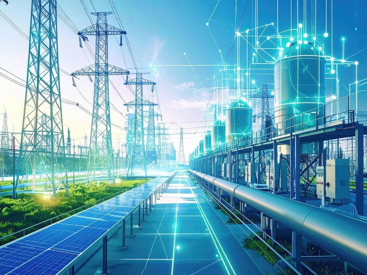 Futuristic smart energy grid infrastructure with solar panels, power lines, and digital network overlay at sunset