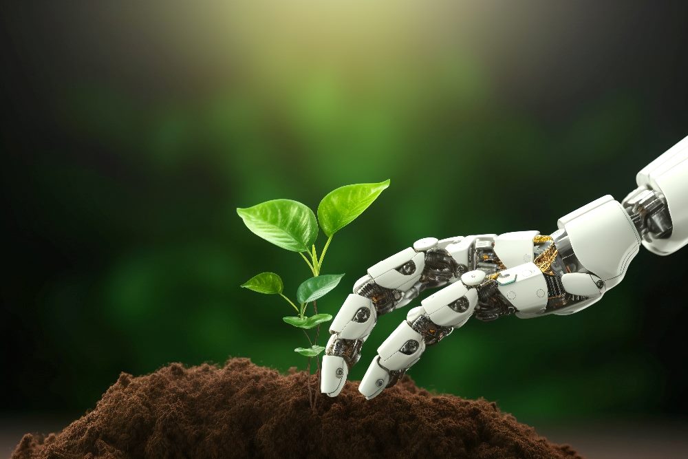 A white robot hand reaches out toward a growing plant suggesting the importance of sustainable AI.
