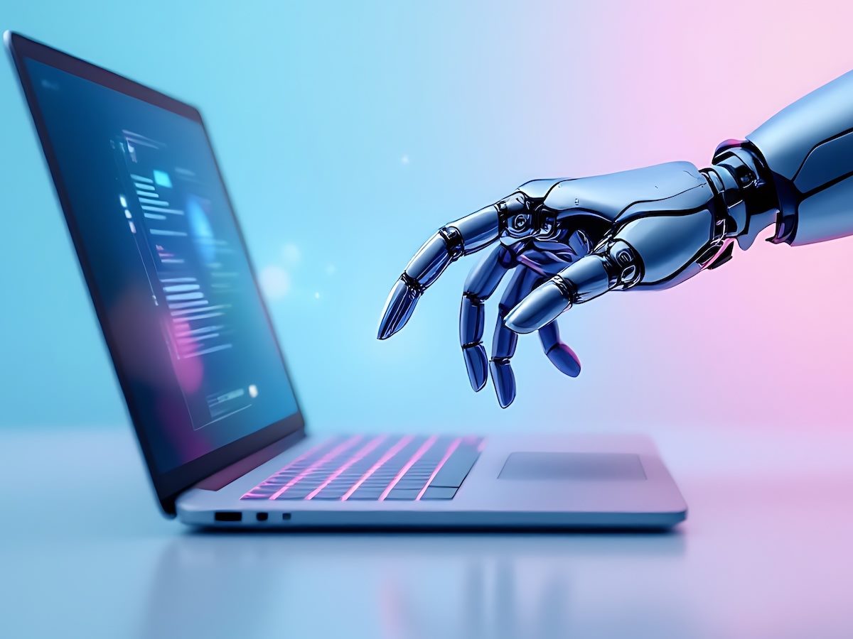 A robot hand reaching toward a laptop