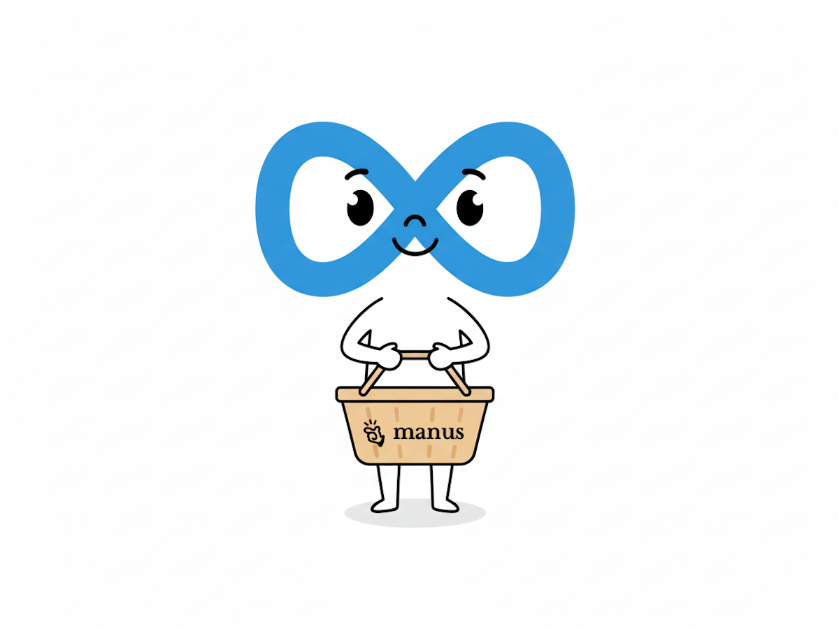 Character with Meta logo for face holding a shopping basket with the Manus logo inside 