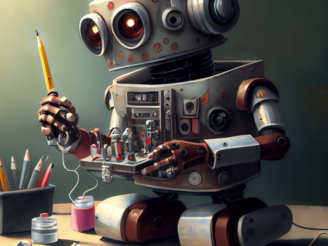 Robot artist holds pencil and tray of art-making tools. A cup of color pencils and two containers of paint sit on a desk with the paint connected to wires.